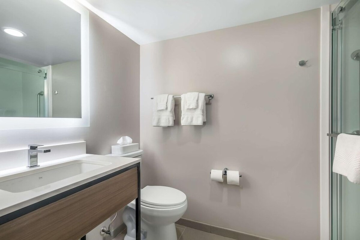 Un baño moderno con cabina de ducha de vidrio, inodoro blanco y tocador con espejo.