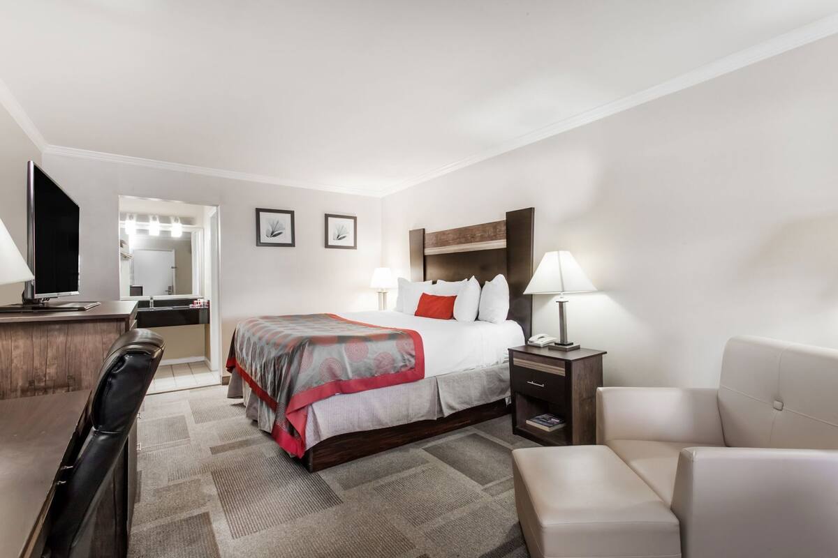 A hotel room with a bed, bedside table, lamp, chair, desk, and a television.