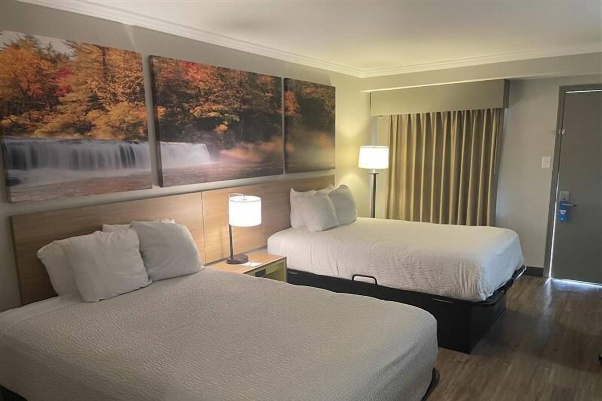 A hotel room with two beds, a nightstand with a lamp, a painting of autumn foliage, and a door.