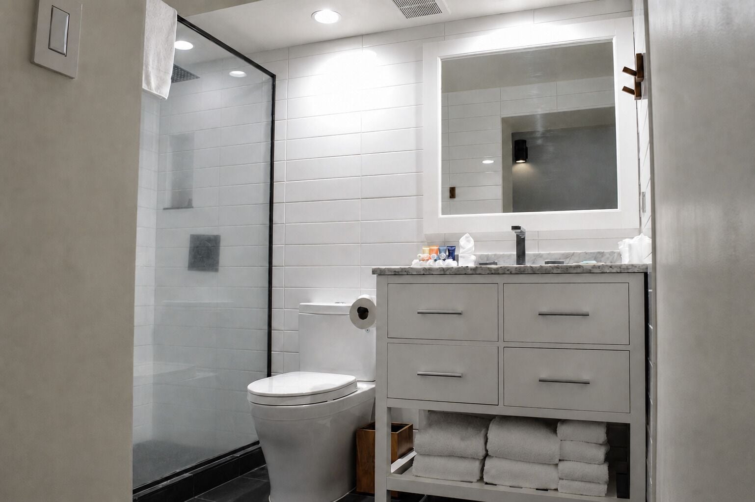 A modern bathroom with a glass shower enclosure, a toilet, a vanity with a mirror, and a towel rack.