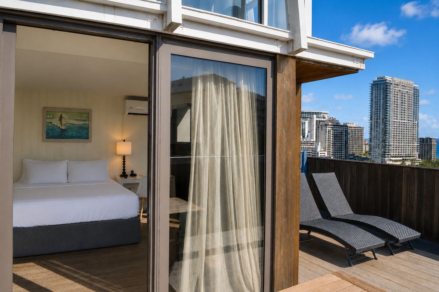 A hotel room with a bed, a nightstand, a lamp, and a view of the city skyline.