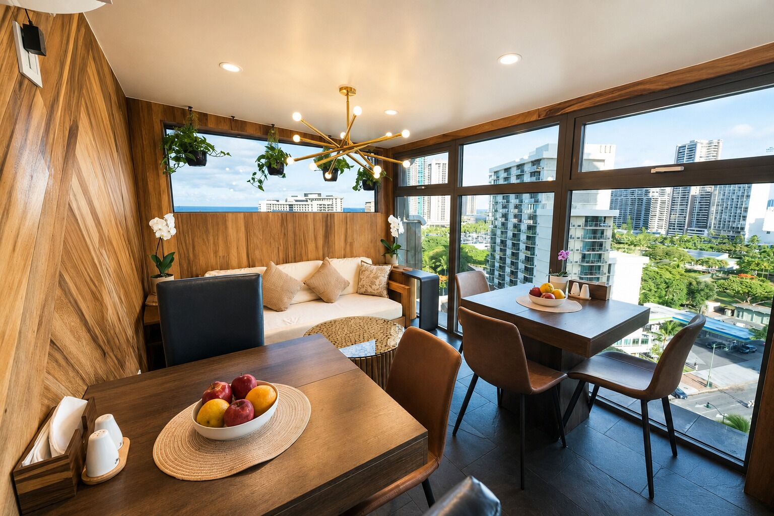 A modern dining area with a wooden table, chairs, and a view of the cityscape through large windows.