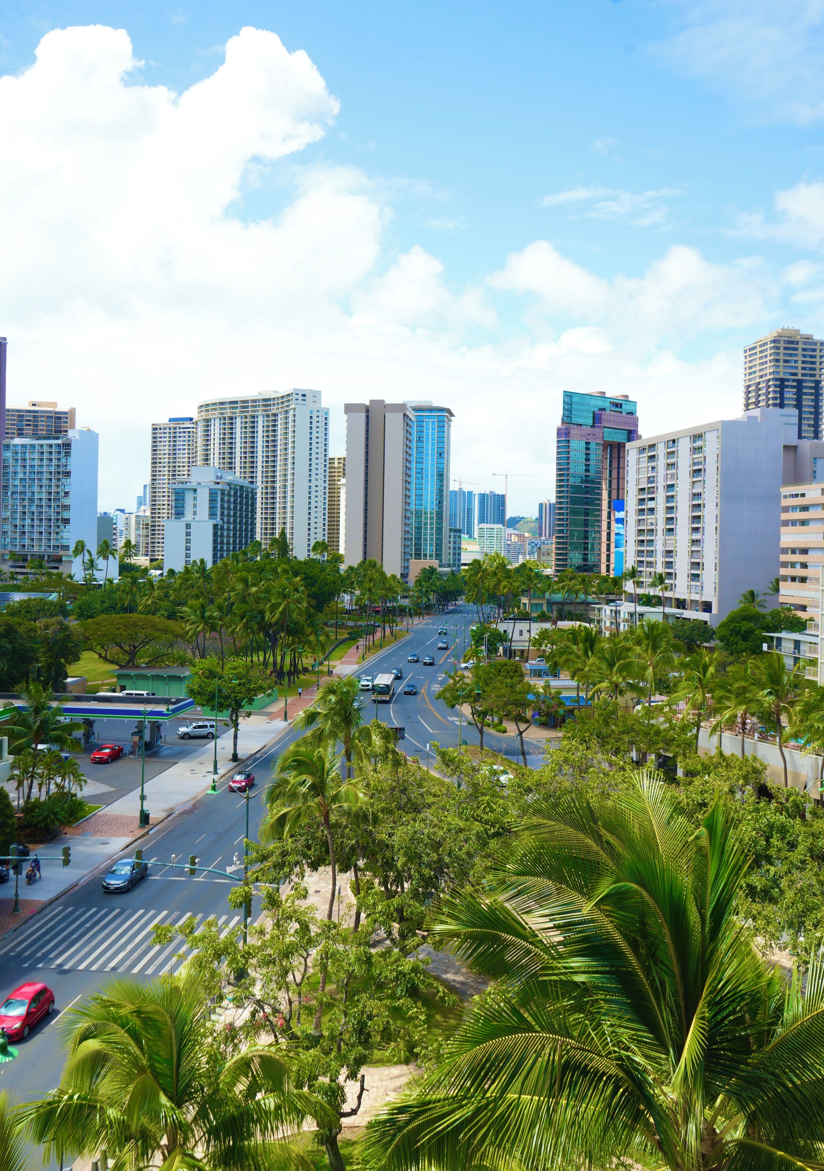 Un paisaje urbano con edificios altos, palmeras y una calle concurrida.