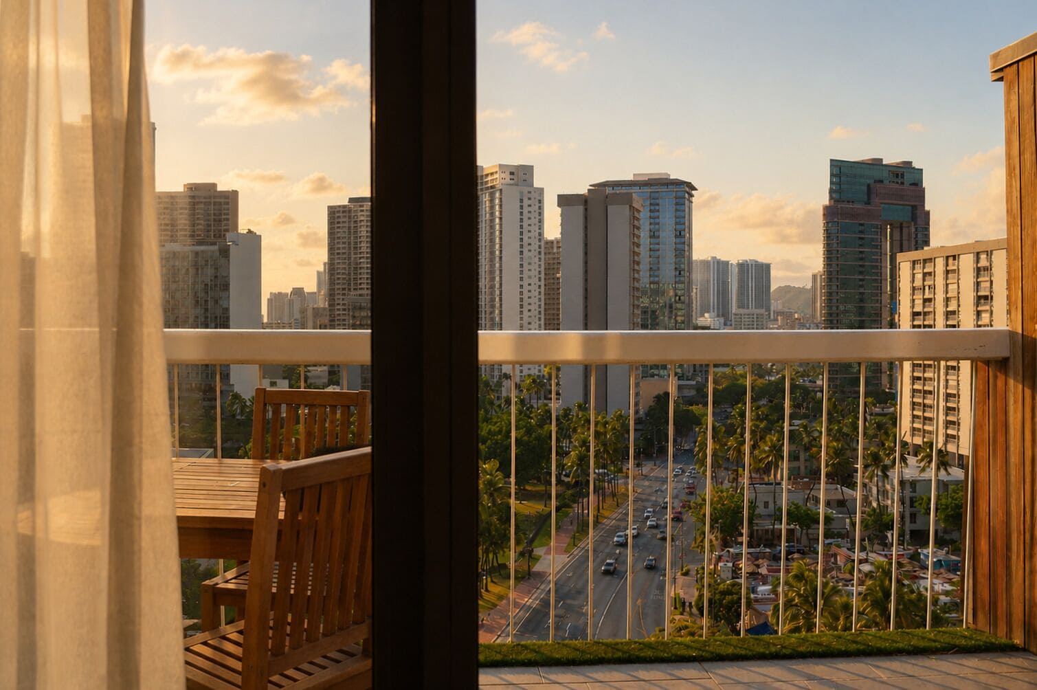 Un balcón con vistas a la ciudad, con edificios altos y una calle con vehículos.