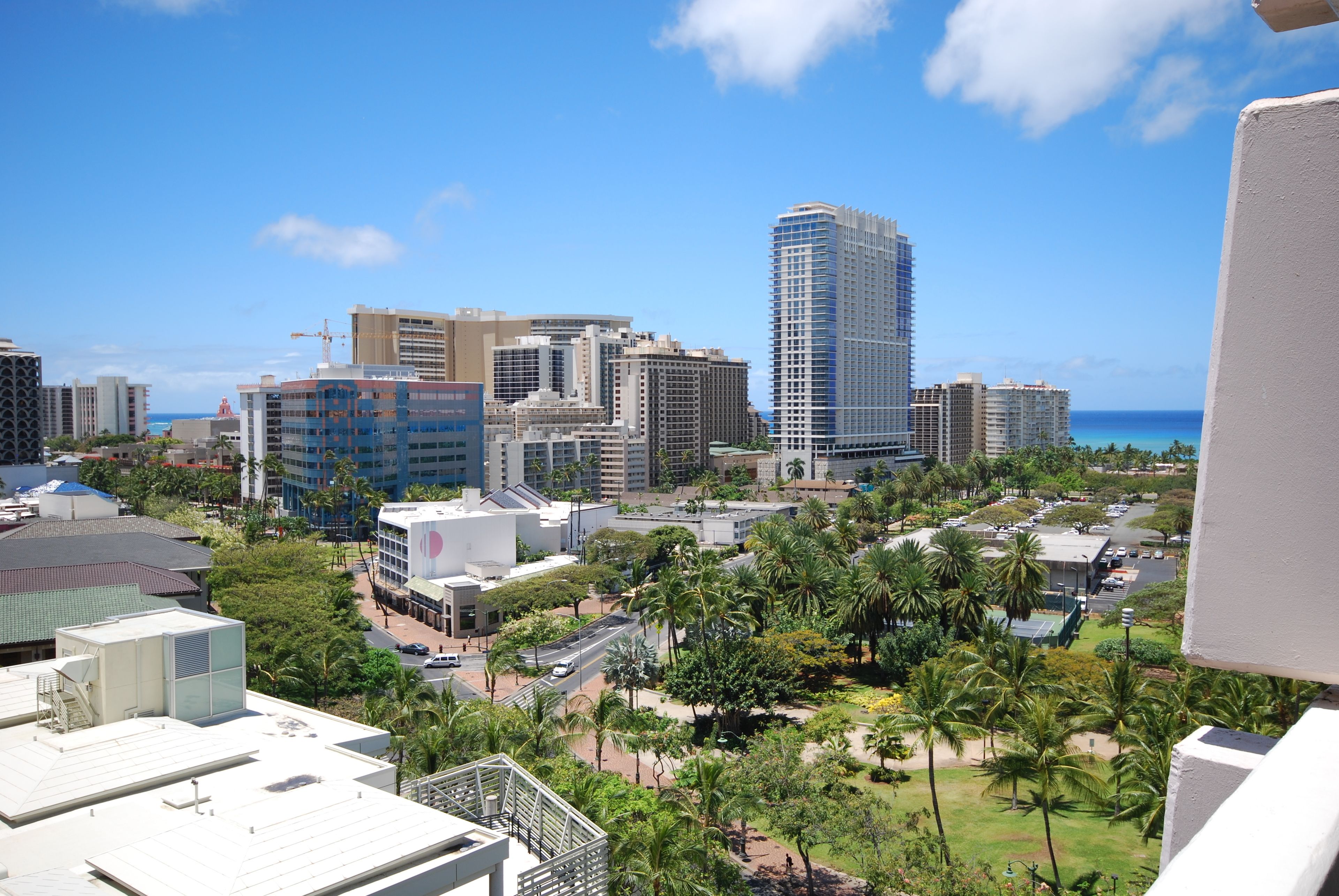 A cityscape with high-rise buildings, palm trees, and a clear blue sky.