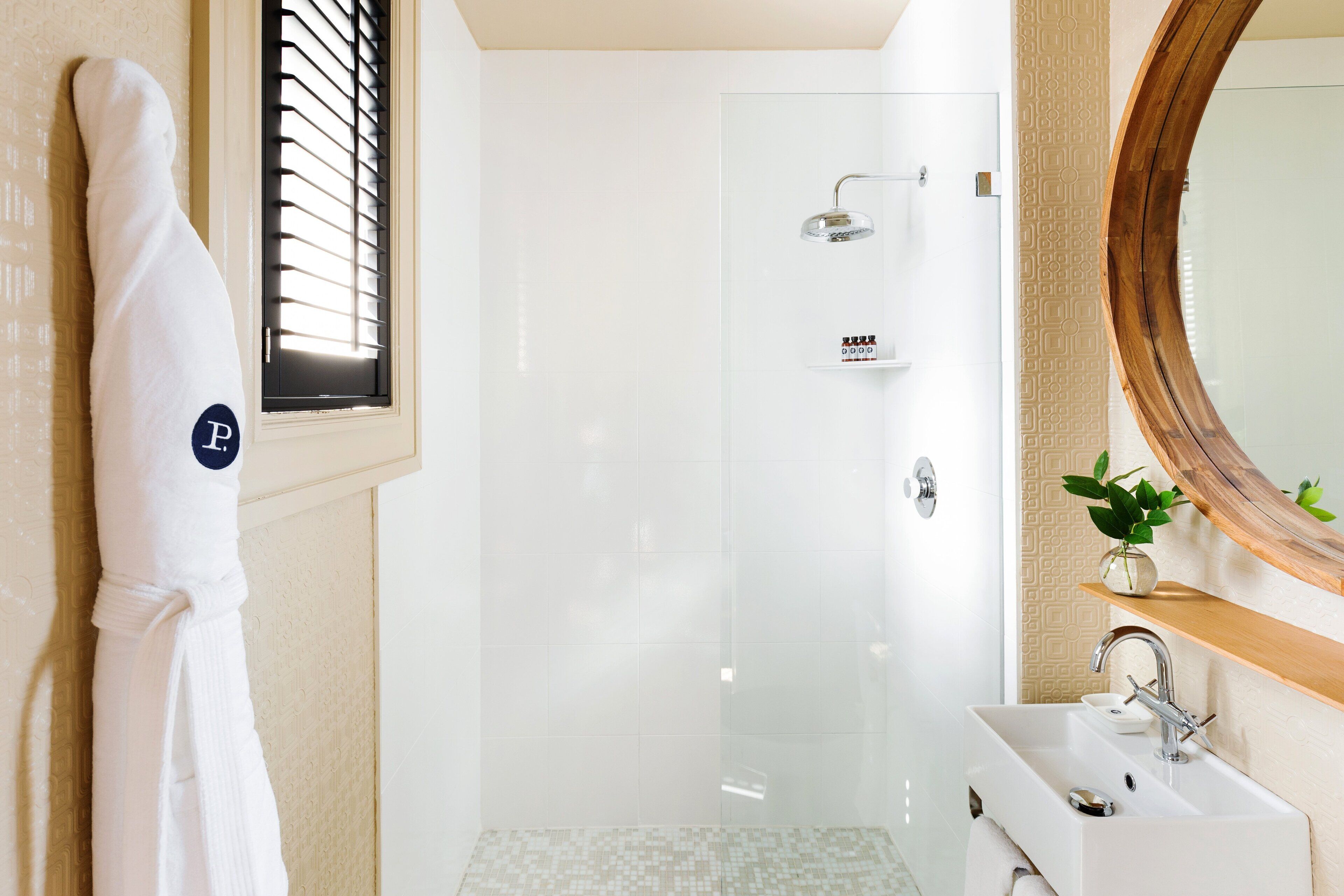 shower, rainfall showerhead, designer toiletries, hair dryer