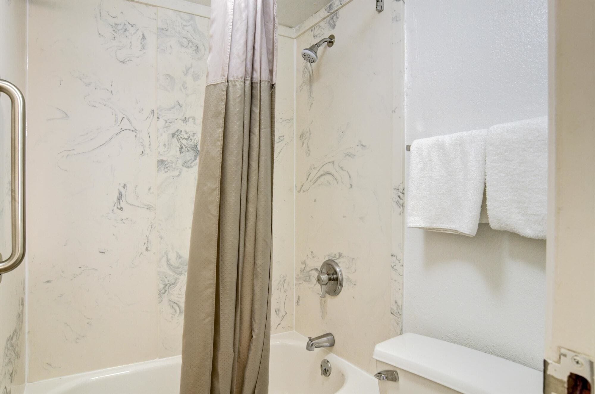 A bathroom with a shower, a bathtub, and a towel rack.