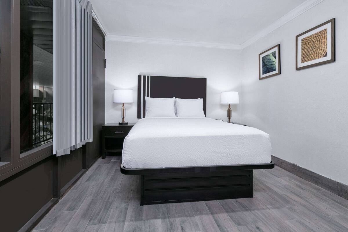 Una habitación de hotel moderna con una cama grande, dos mesitas de noche con lámparas, una ventana con cortinas y dos cuadros enmarcados en la pared.