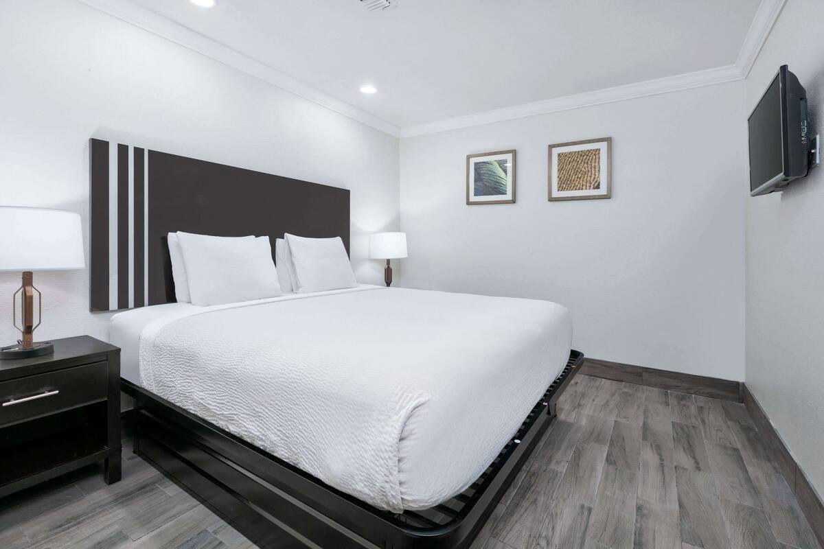 Habitación de hotel moderna con una cama grande, mesitas de noche, un televisor de pantalla plana y obras de arte en las paredes.
