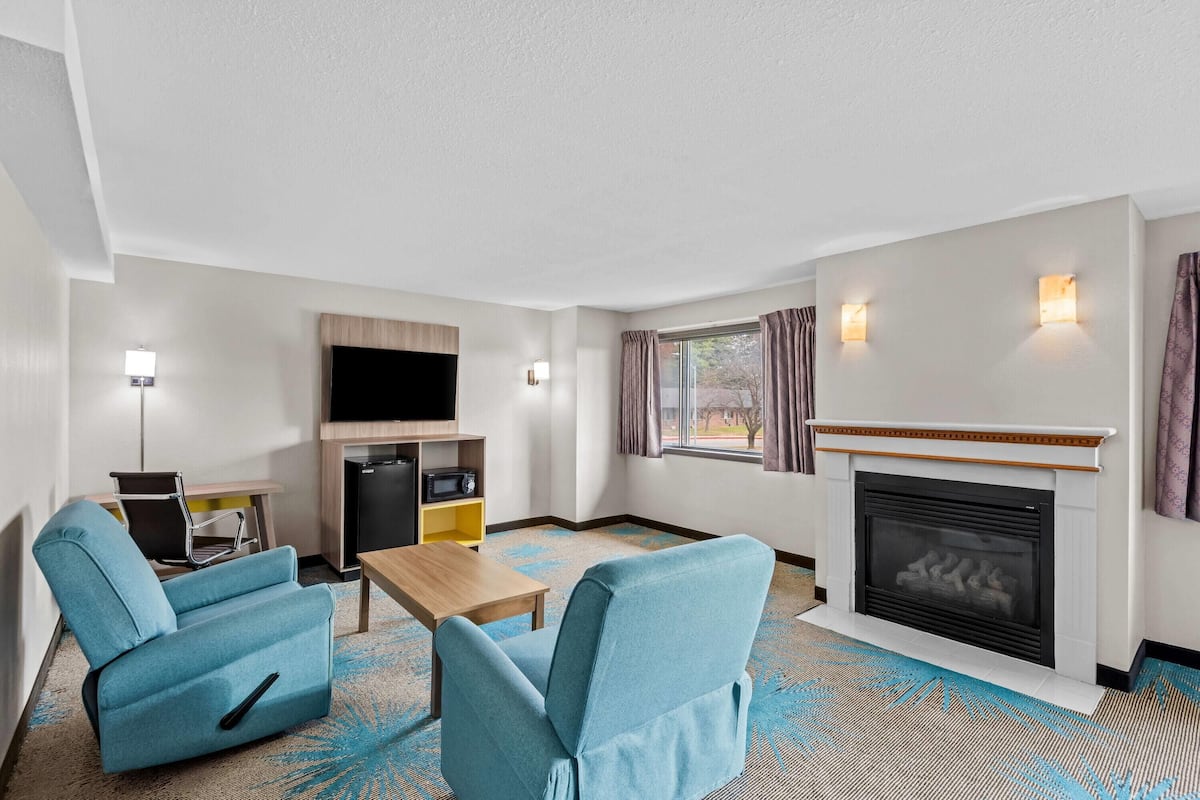 Une chambre d’hôtel moderne équipée d’un canapé, d’une télévision, d’une cheminée et d’une petite table.