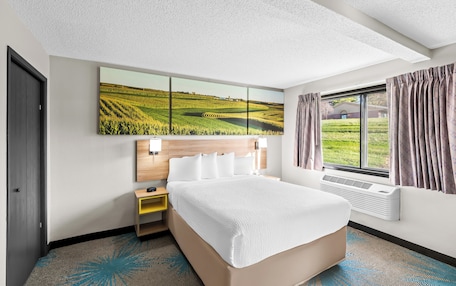 A hotel room with a large bed, a nightstand, a wall-mounted TV, and a window with curtains.