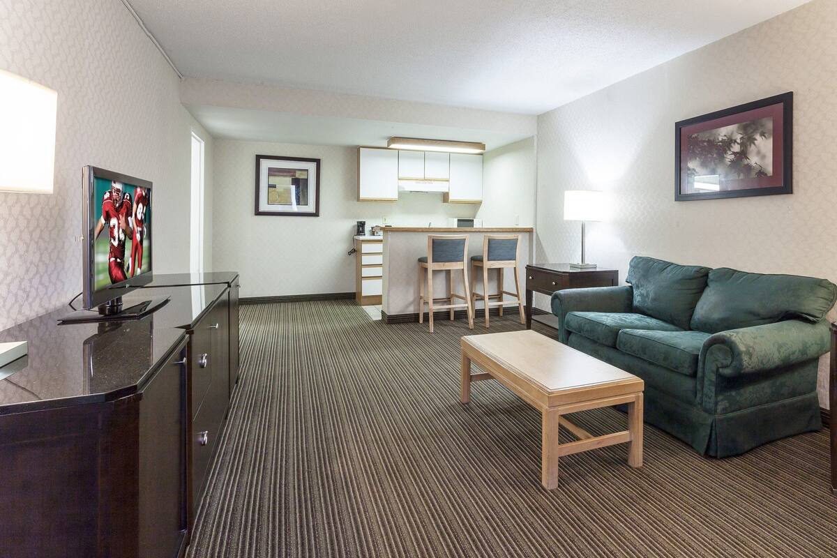 A hotel room with a TV, a green sofa, a wooden table, a kitchenette, and a framed picture on the wall.