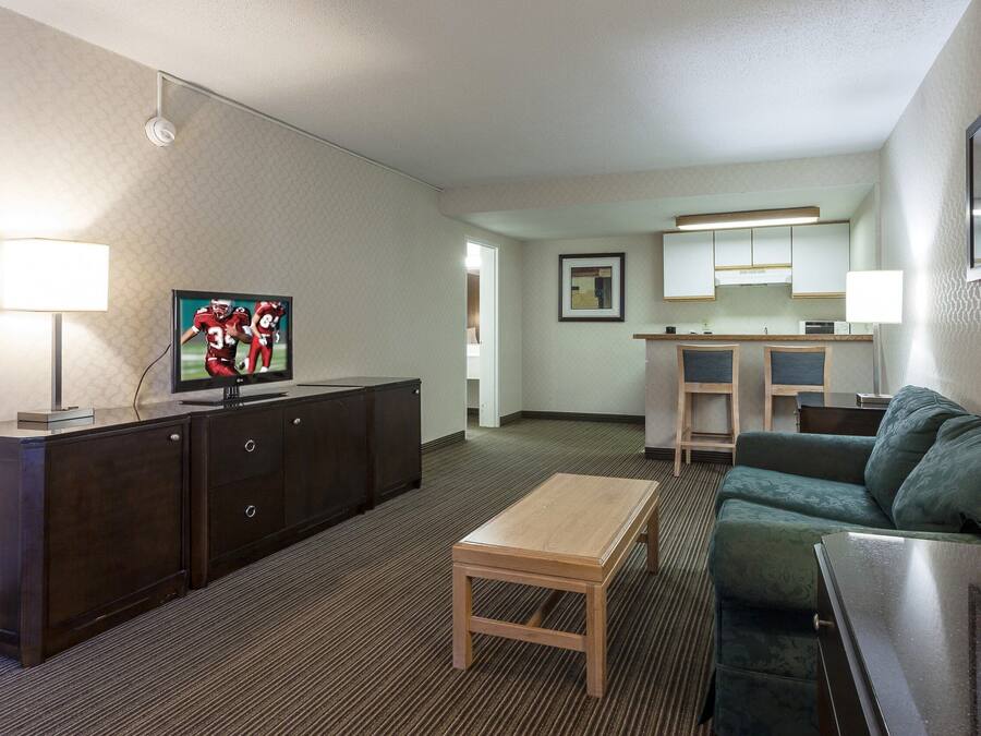 Habitación de hotel con televisión, mesa de madera, sofá verde, kitchenette y un cuadro en la pared.