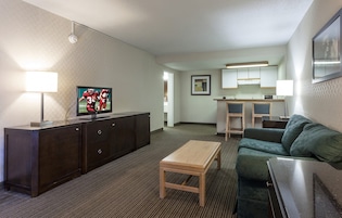 Habitación de hotel con televisión, mesa de madera, sofá verde, kitchenette y un cuadro en la pared.