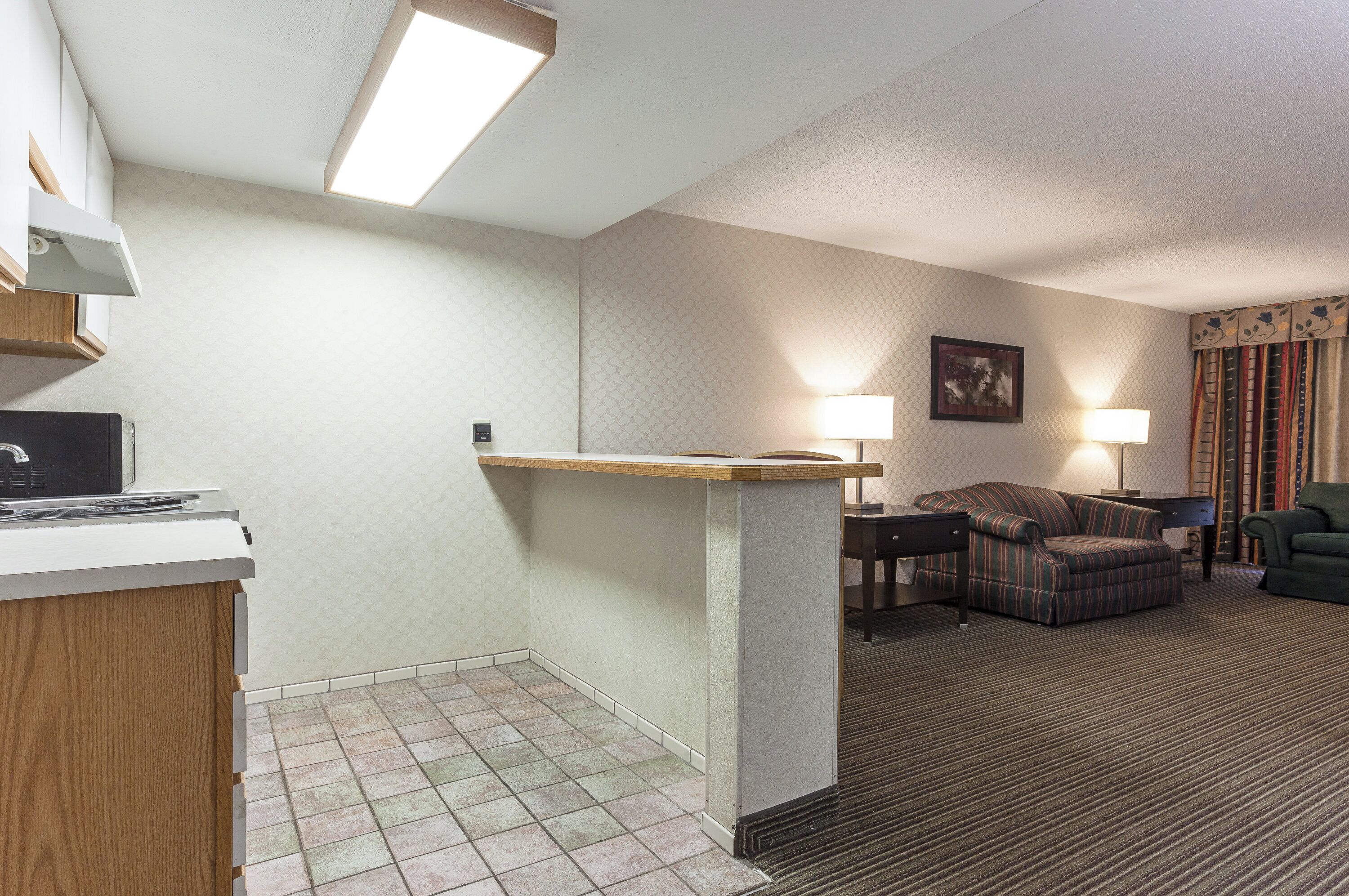 Habitación de hotel con kitchenette, zona de estar con sofá y sillones, televisor de pantalla plana y alfombra estampada.