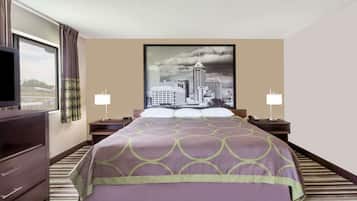 Desk, laptop workspace, free WiFi, bed sheets