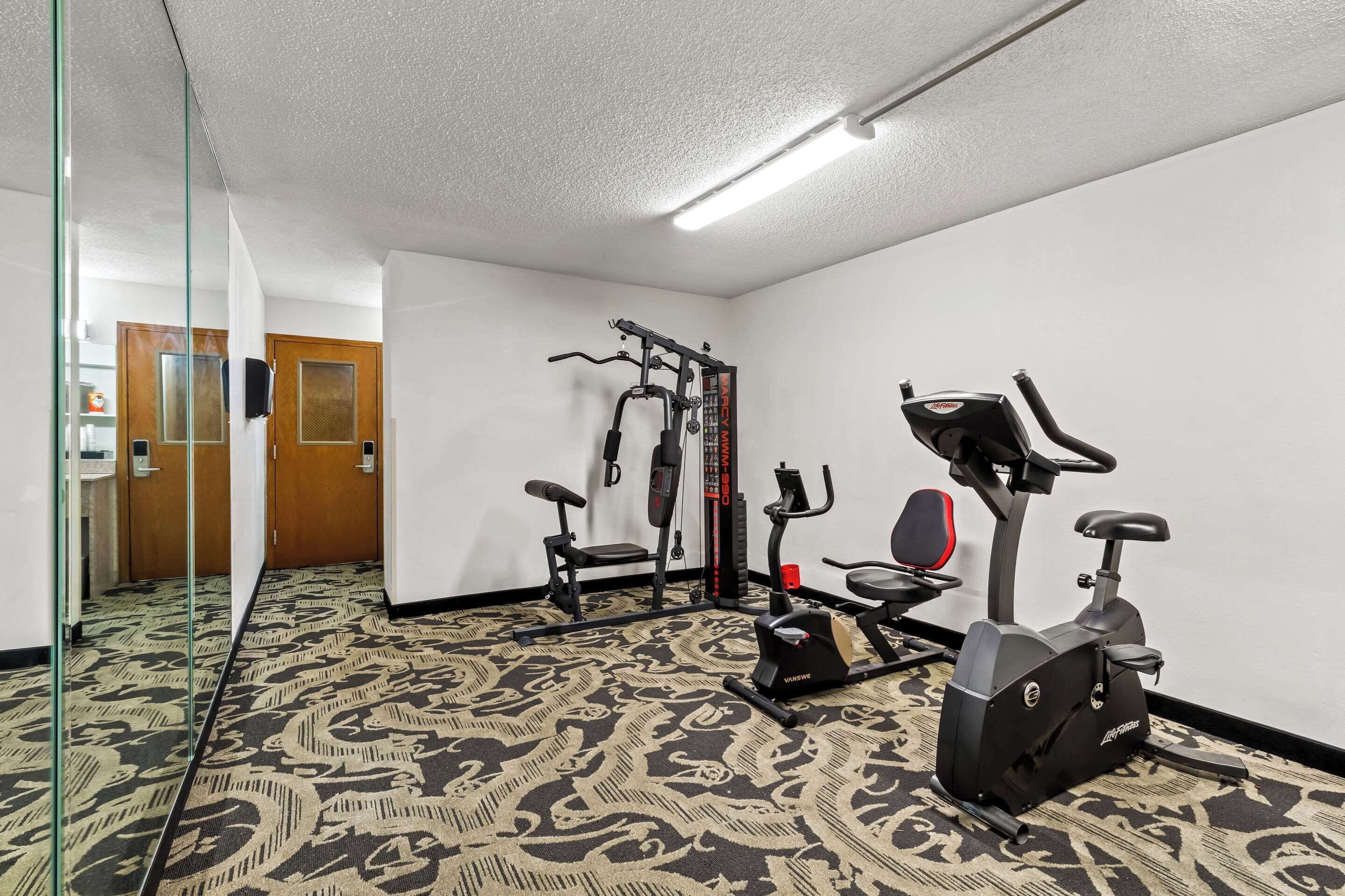 Une chambre d’hôtel avec une moquette à motifs, un appareil de musculation fixé au mur, un vélo d’exercice et une porte donnant sur une autre pièce.