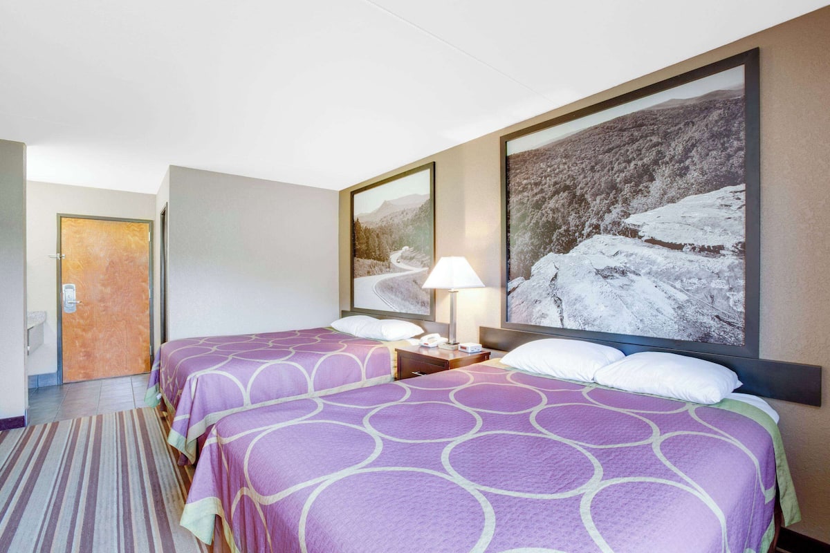 A hotel room with two beds, a large painting of a snowy landscape, a lamp, and a door.