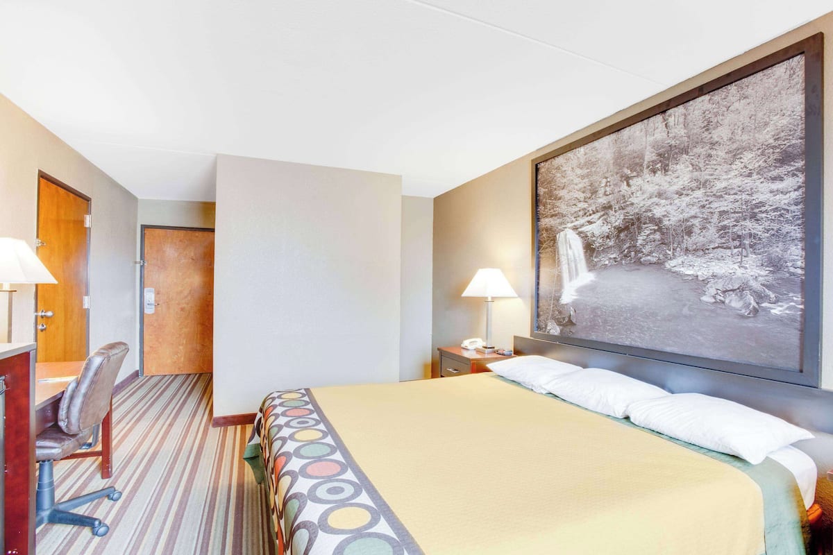 A hotel room with a large bed, a desk with a chair, a nightstand with a lamp, and a large framed picture on the wall.