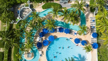 Outdoor pool, pool umbrellas, sun loungers