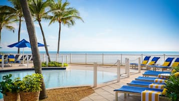A poolside area with lounge chairs, a pool, and a view of the ocean.
