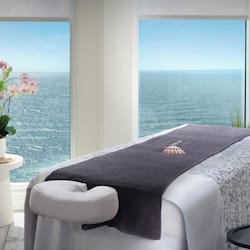 Relax in this serene room with a soothing ocean view, featuring a massage table, a small table with a brush and towel, and a potted plant.