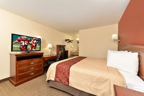 Desk, laptop workspace, blackout drapes, free WiFi