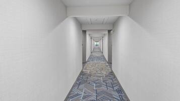 Un pasillo largo y estrecho con alfombra estampada y paredes blancas.
