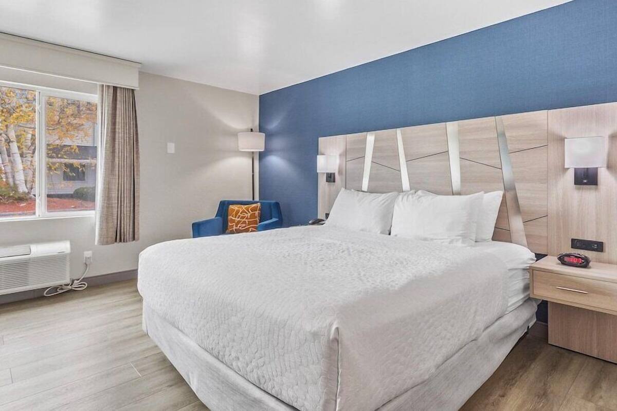 A modern hotel room with a large bed, bedside tables, a chair, and a window with curtains.