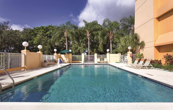 Relax by the serene pool surrounded by lush greenery and palm trees.