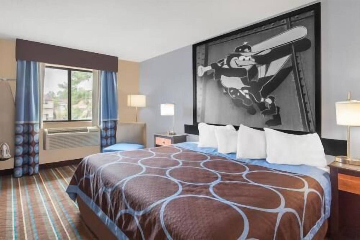 Quarto de hotel com uma cama, janela com cortinas, um quadro na parede e mesa de cabeceira com abajur.