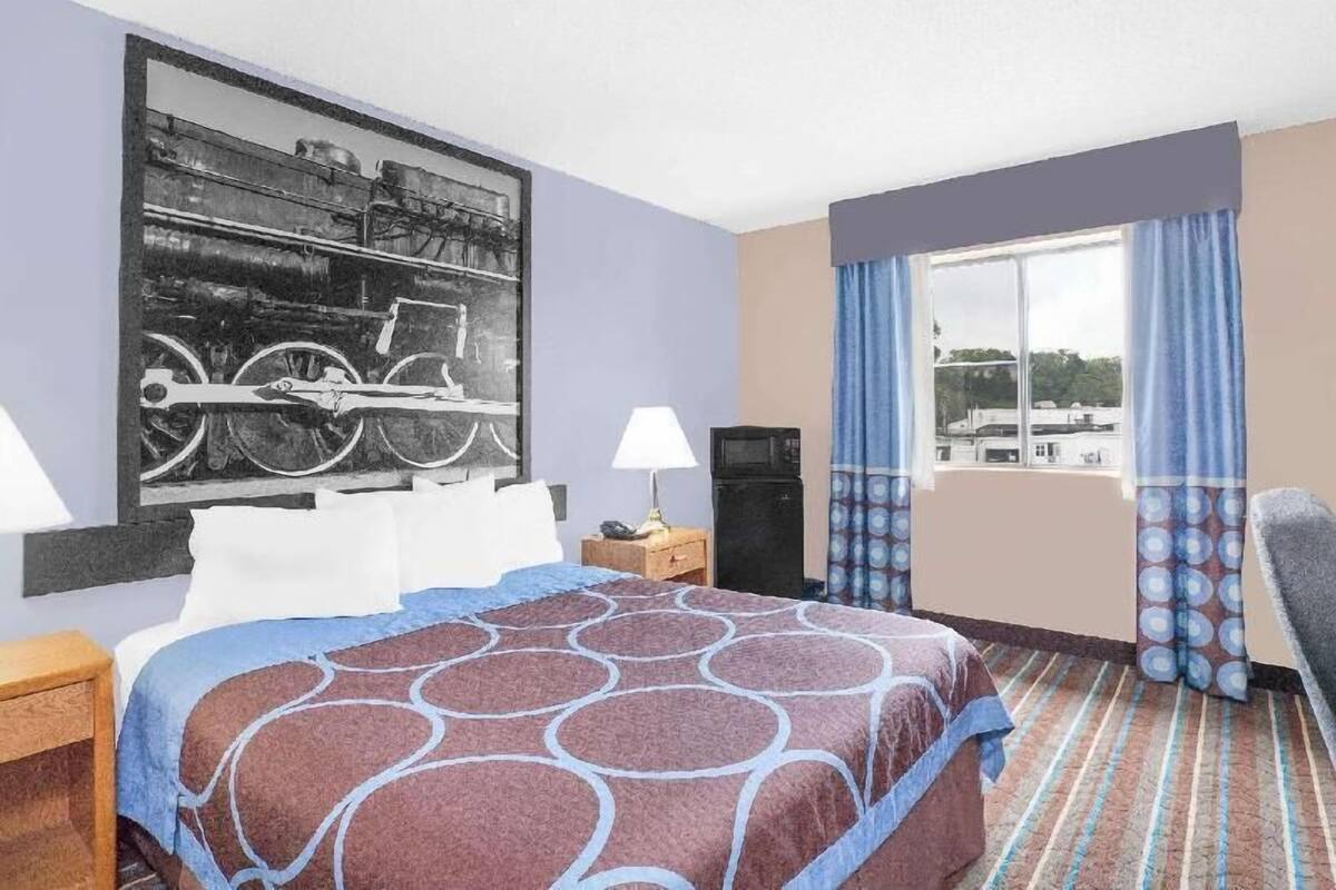 Quarto de hotel com uma cama, televisão, janela com cortinas e um quadro na parede.