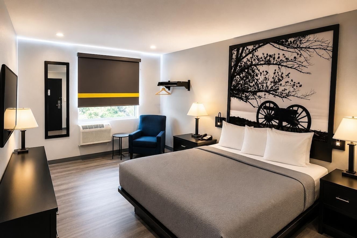 Une chambre d’hôtel moderne dotée d’un grand lit, de tables de chevet, d’une chaise, d’un téléviseur fixé au mur et d’une fenêtre offrant une vue agréable.