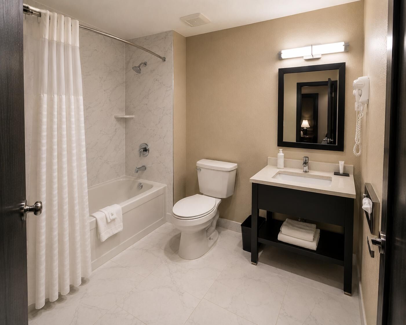 A bathroom with a bathtub, toilet, sink, and a mirror.