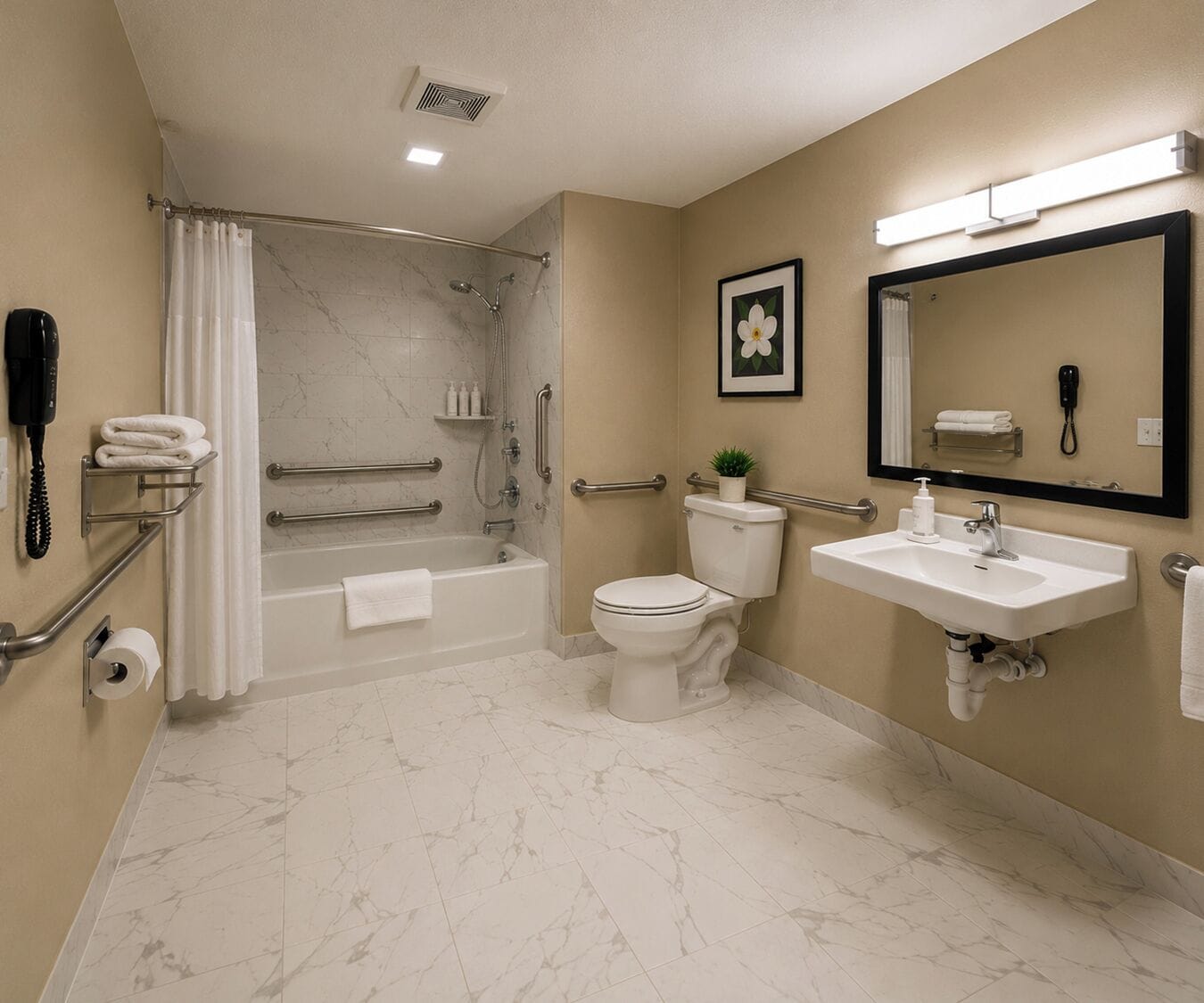 Une salle de bain équipée d’une douche, de toilettes, d’un lavabo et de barres d’appui.