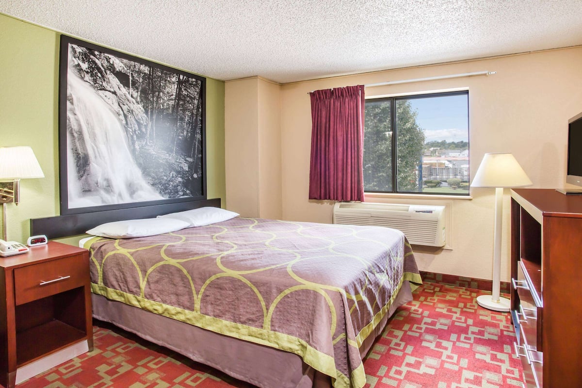 Une chambre d’hôtel comprenant un lit, une table de chevet, un bureau, une télévision, une fenêtre avec des rideaux et un mur orné d’un tableau représentant une cascade.