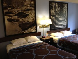Habitación de hotel con dos camas, una mesita de noche con lámpara y dos cuadros grandes en la pared.