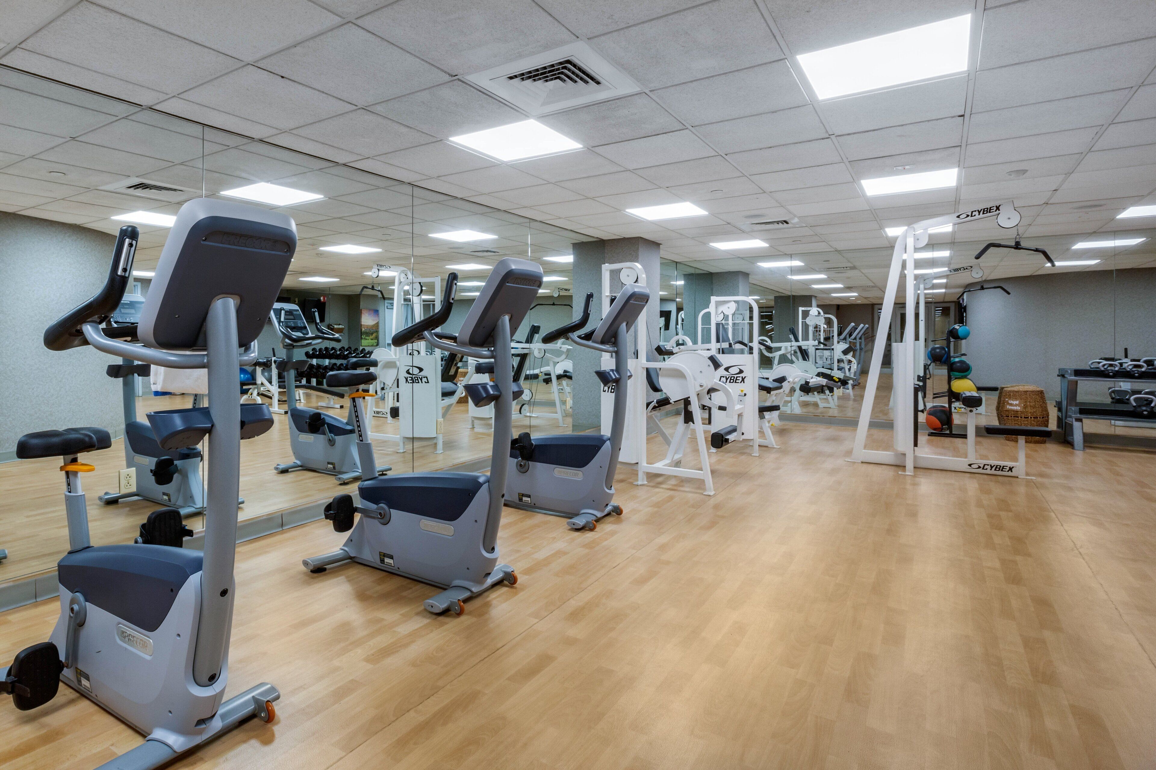 Uma academia com diversos equipamentos de exercício, incluindo esteiras e aparelhos de musculação, dispostos em fileiras.