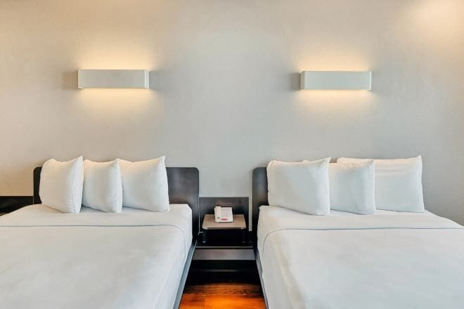Desk, laptop workspace, free WiFi, bed sheets