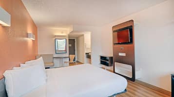 Desk, laptop workspace, free WiFi, bed sheets