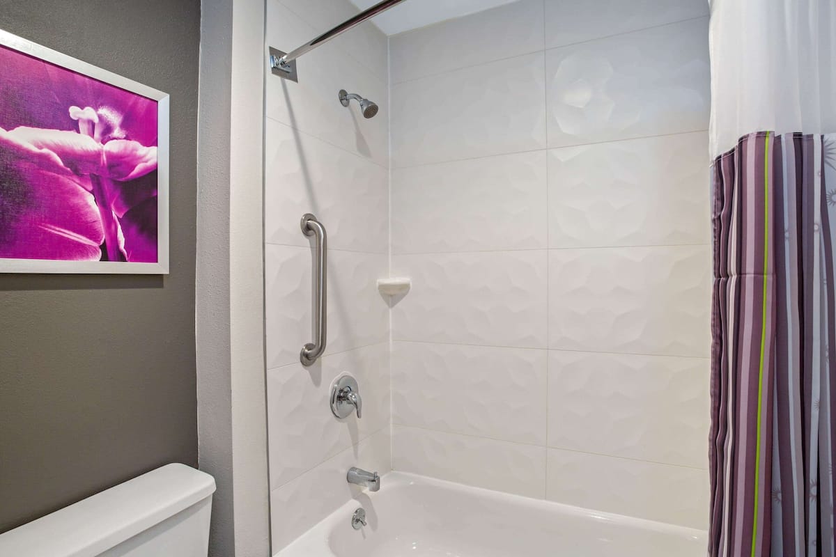 combined shower/bathtub, free toiletries, hair dryer, towels