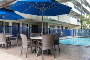Outdoor pool, pool umbrellas, sun loungers - Quality Inn & Suites Los Angeles Airport - Stadium District (Inglewood)