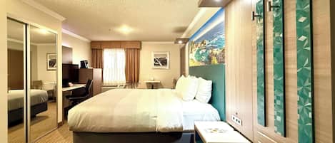 In-room safe, desk, laptop workspace, blackout curtains