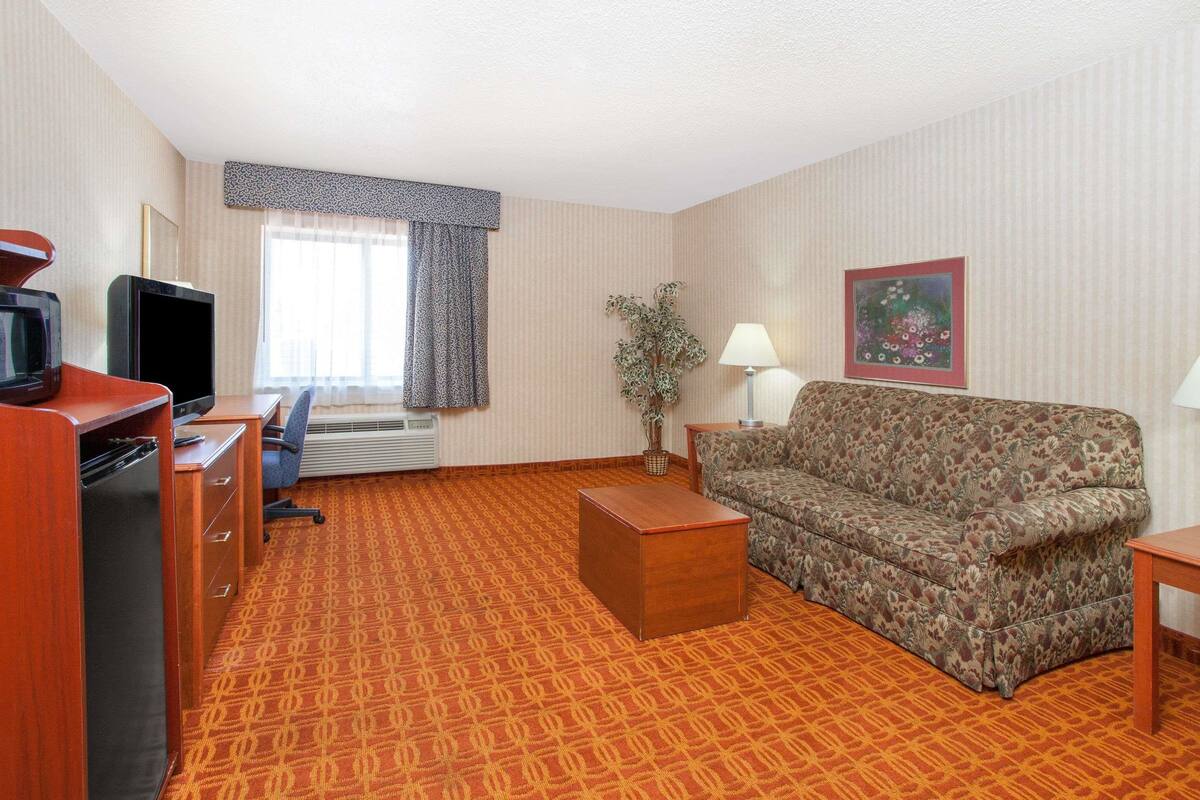 Une chambre d’hôtel avec un tapis à motifs, un canapé, un bureau avec un ordinateur, une télévision, une lampe et une fenêtre avec des rideaux.