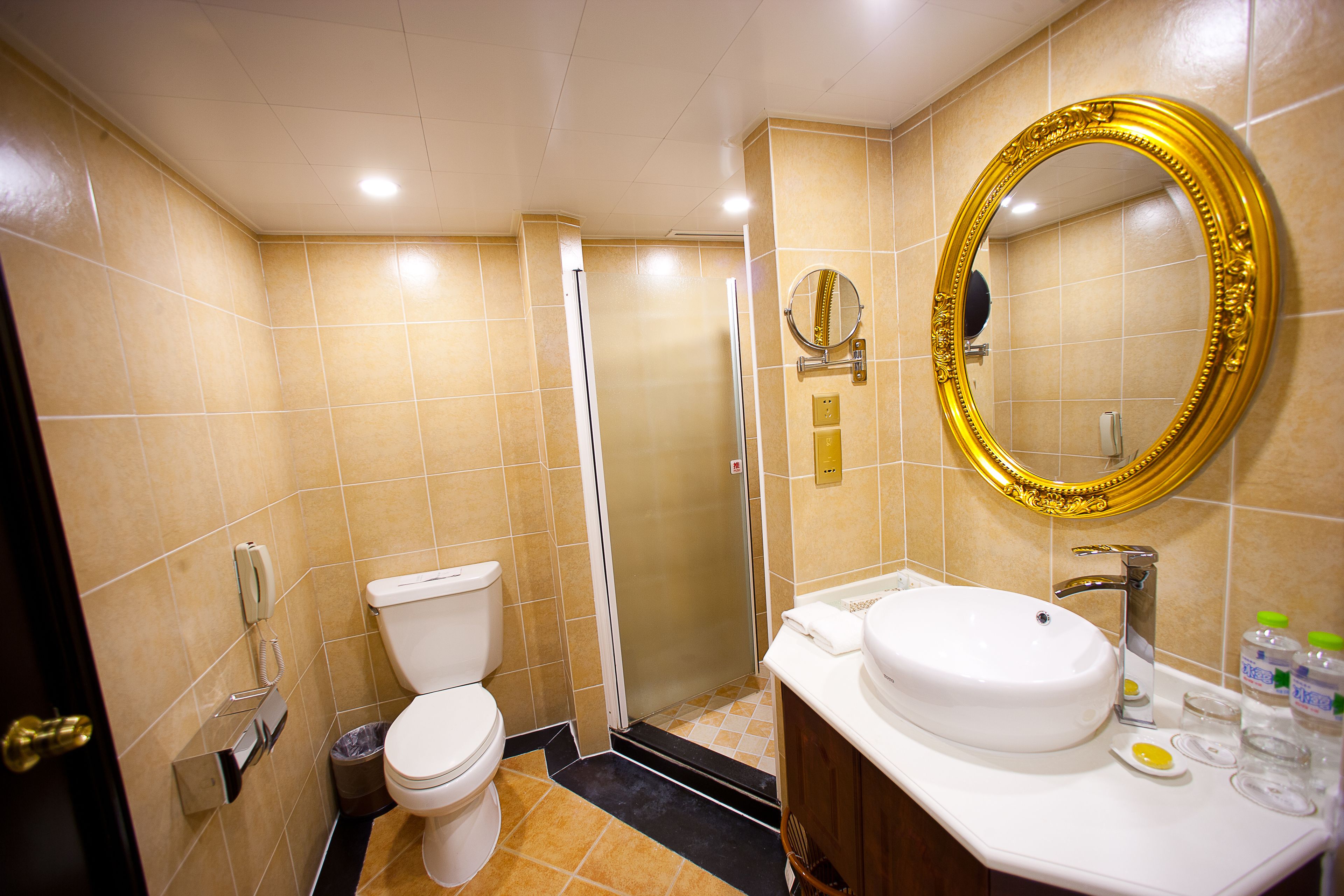Une salle de bain équipée de toilettes, d’une douche, d’un lavabo et d’un miroir encadré d’or.