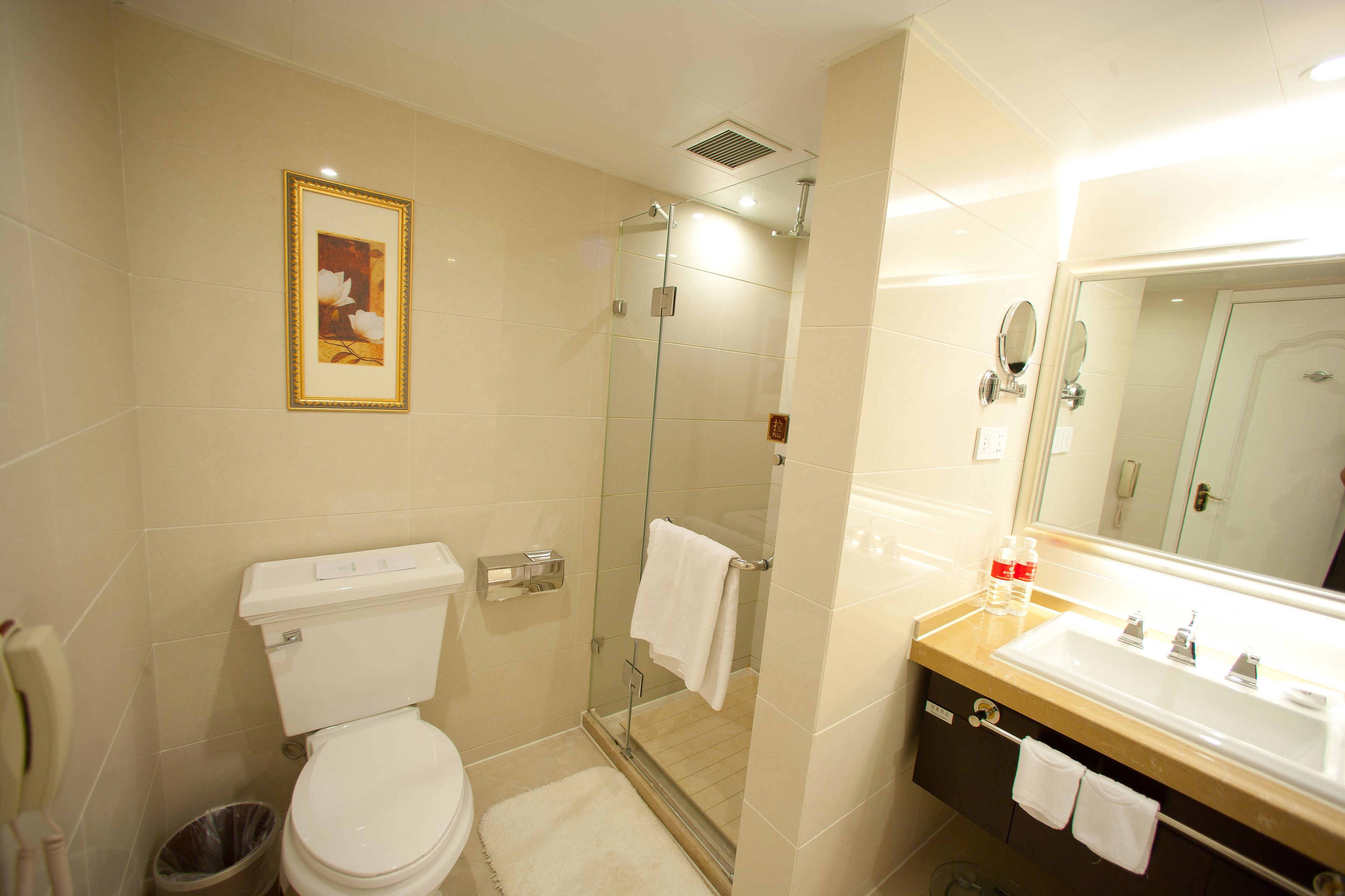 A bathroom with a toilet, a glass-enclosed shower, a sink with a mirror, and a framed picture on the wall.