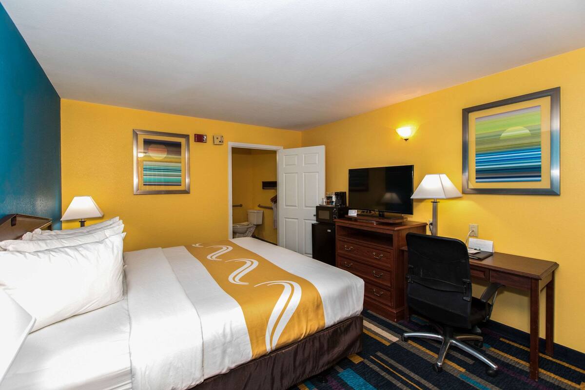 A hotel room with a bed, desk, chair, television, and artwork on the walls.