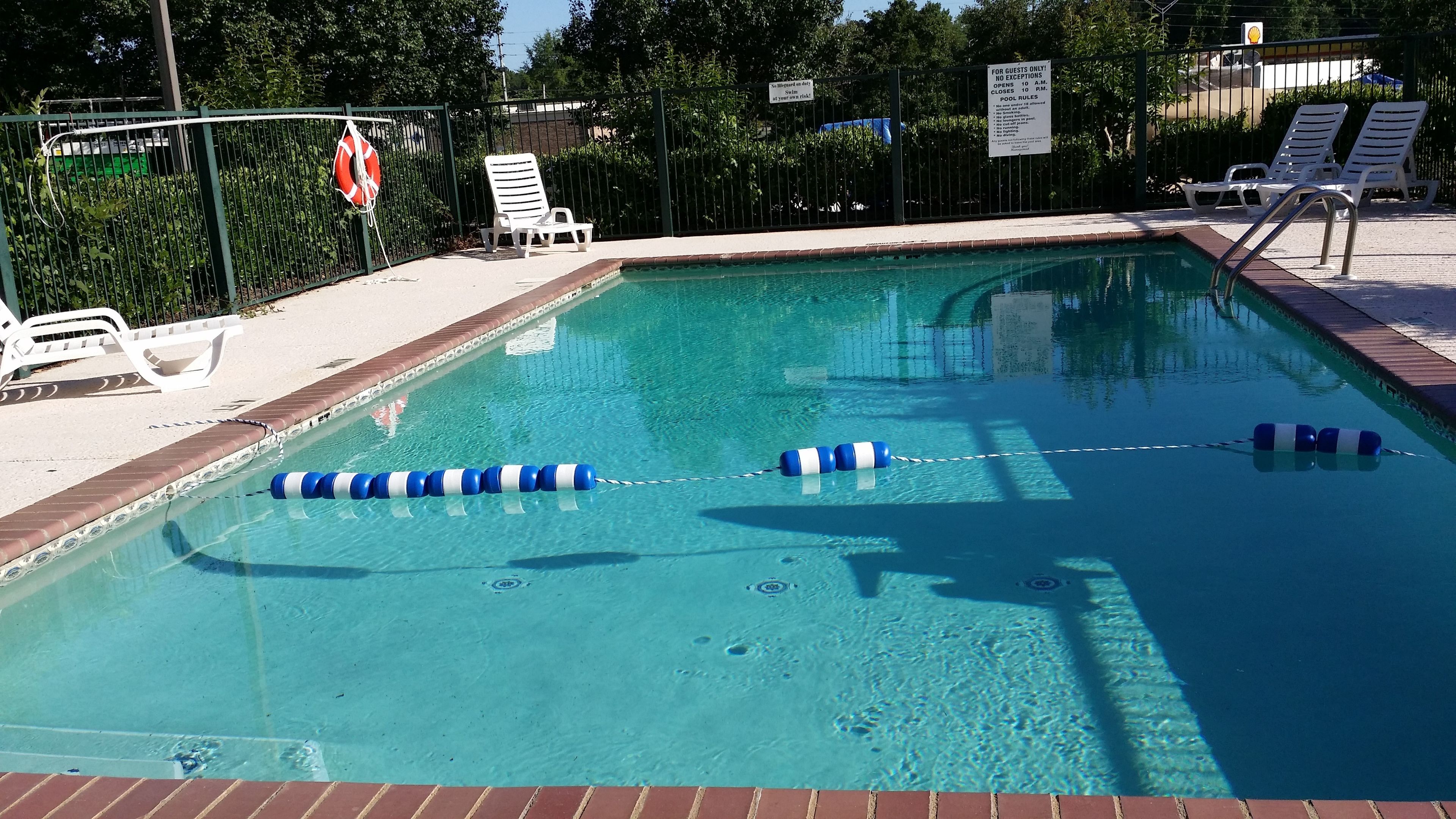 A swimming pool with clear blue water, surrounded by a brick border. There are lounge chairs and a lifebuoy on the poolside.