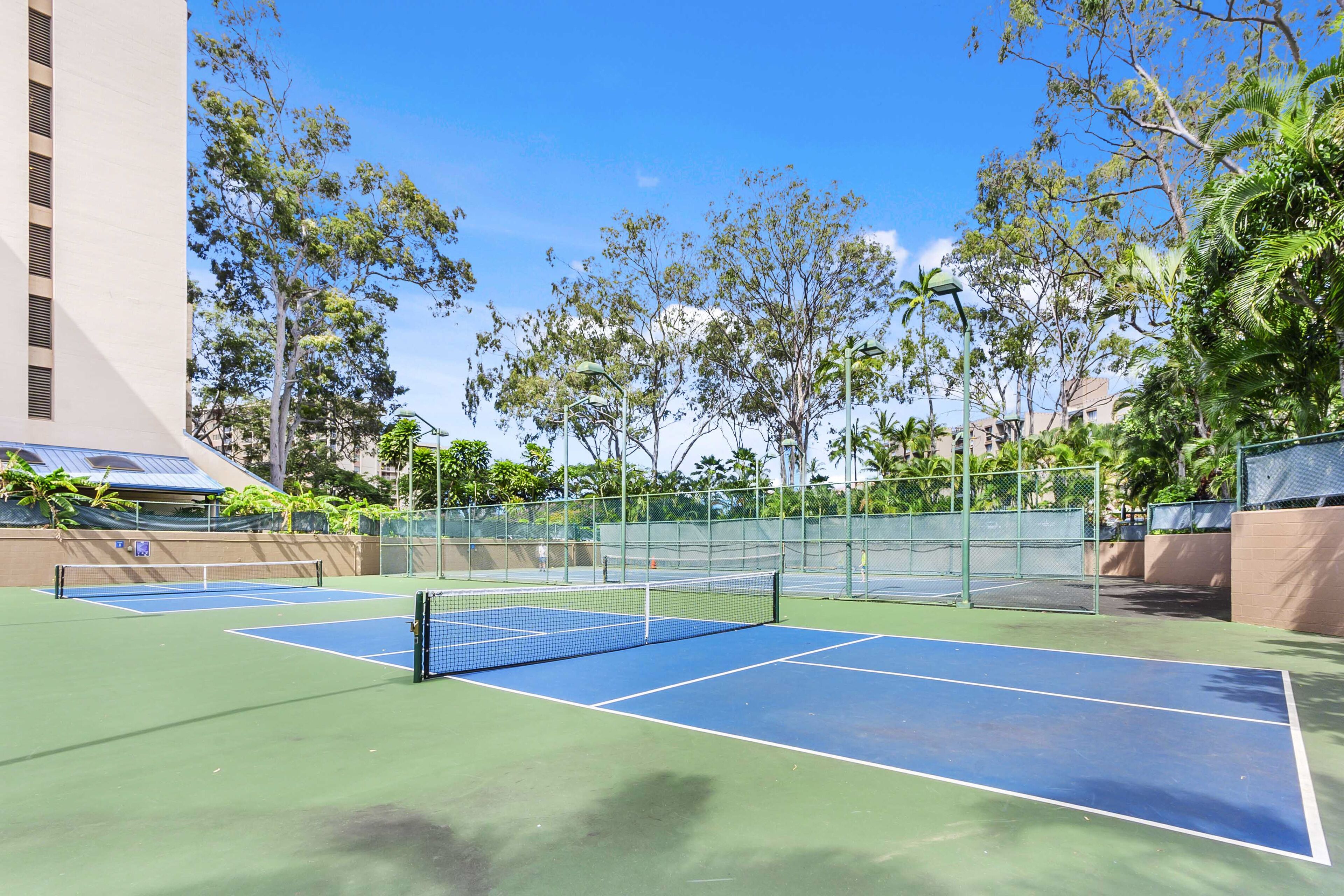 Un court de tennis en plein air, doté d’un filet, entouré d’arbres et délimité par une clôture.