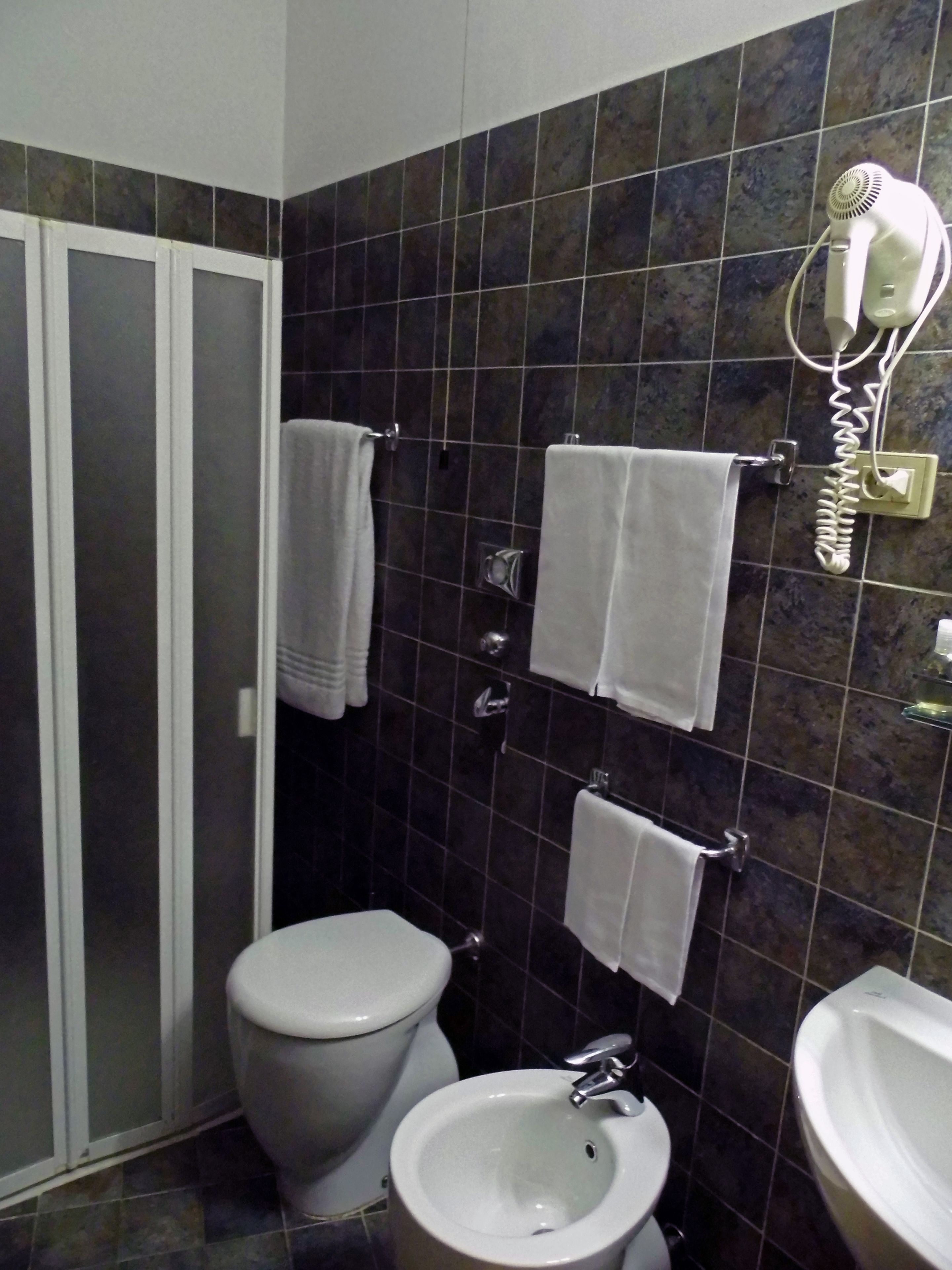 A bathroom with a toilet, bidet, and a hairdryer mounted on the wall.